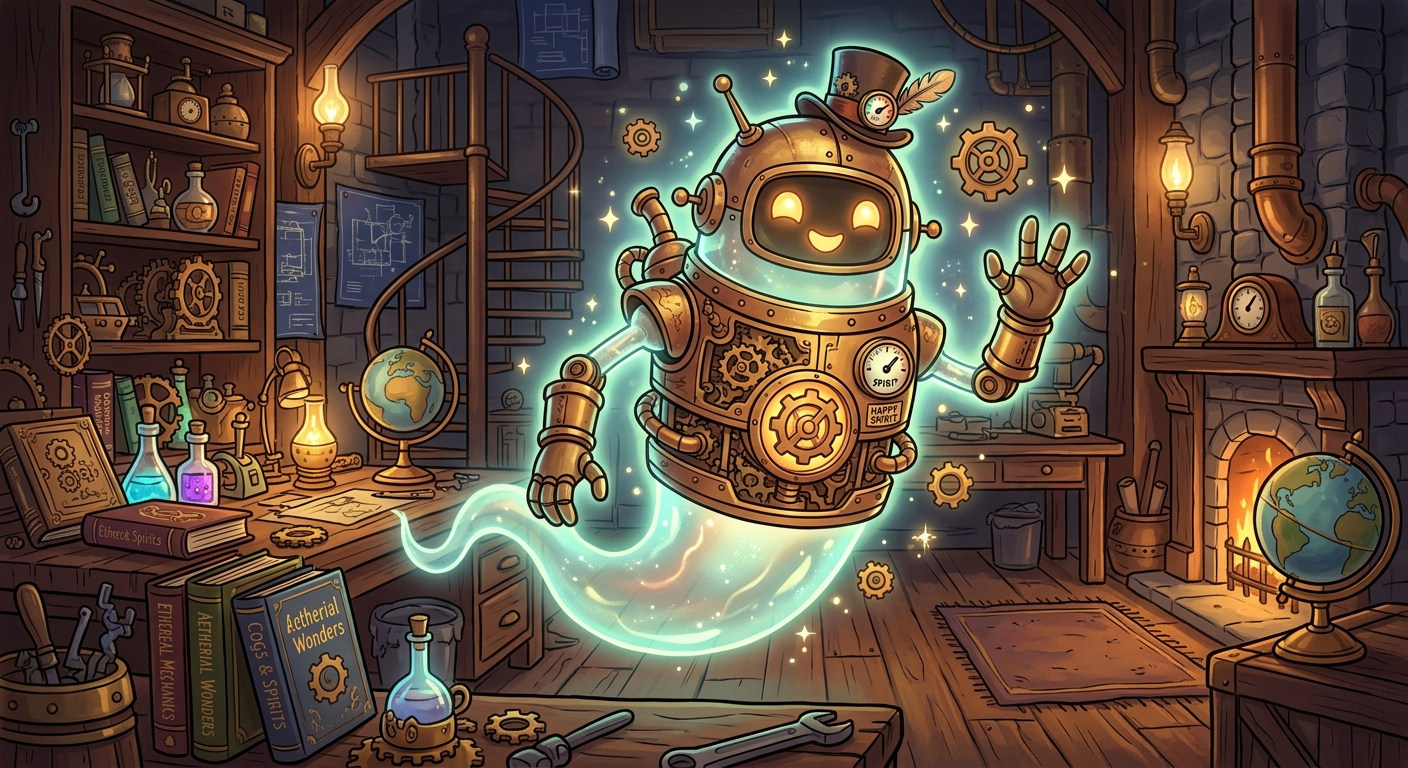 A friendly Victorian robot spirit in a warm mechanical workshop